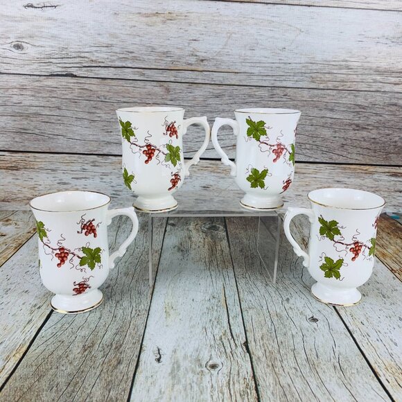 Royal Victoria ROV1 Fine Bone China Red Grapes Green Leaves Pedestal Mugs Set 4 - Picture 4 of 9